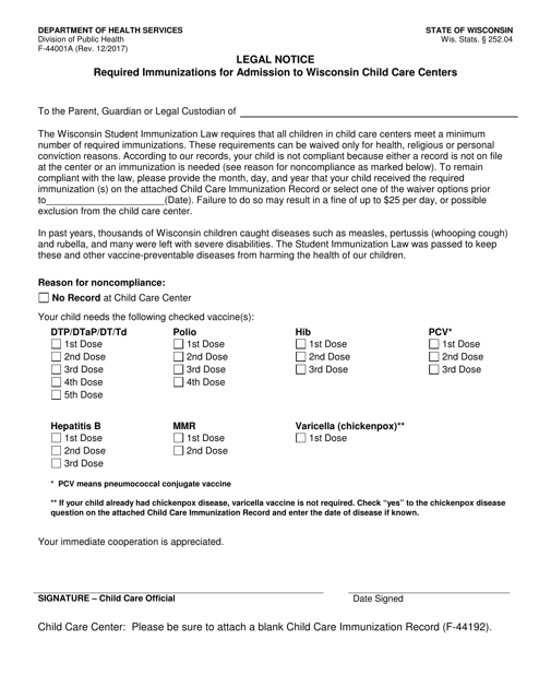 Form F-44001A Legal Notice - Required Immunizations for Admission to Wisconsin Child Care Centers - Wisconsin