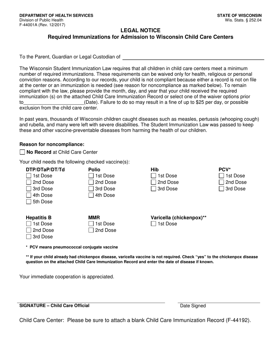 Form F-44001A Legal Notice - Required Immunizations for Admission to Wisconsin Child Care Centers - Wisconsin, Page 1
