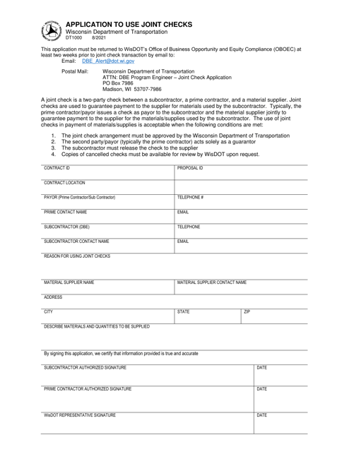 Form DT1000 Application to Use Joint Checks - Wisconsin
