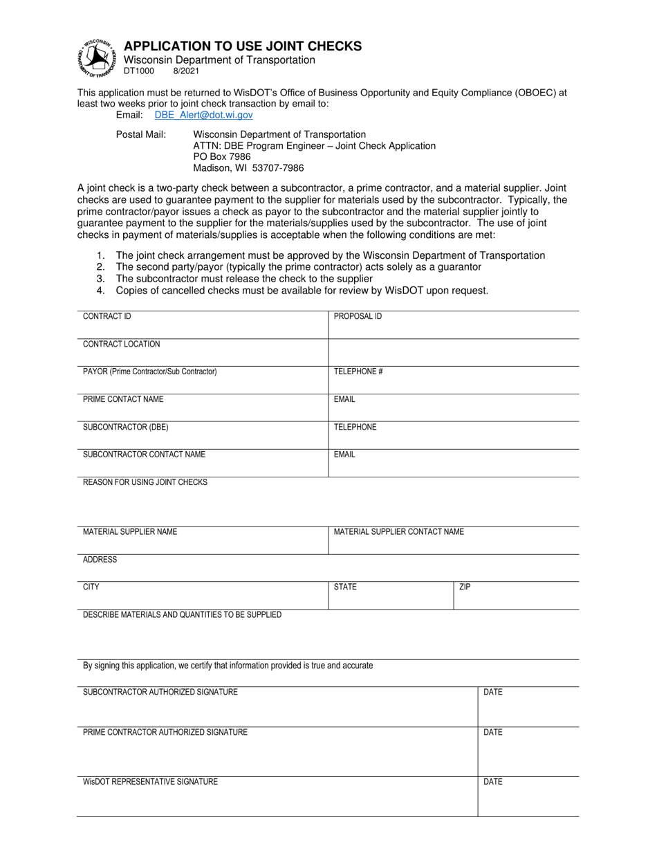 Form DT1000 Application to Use Joint Checks - Wisconsin, Page 1