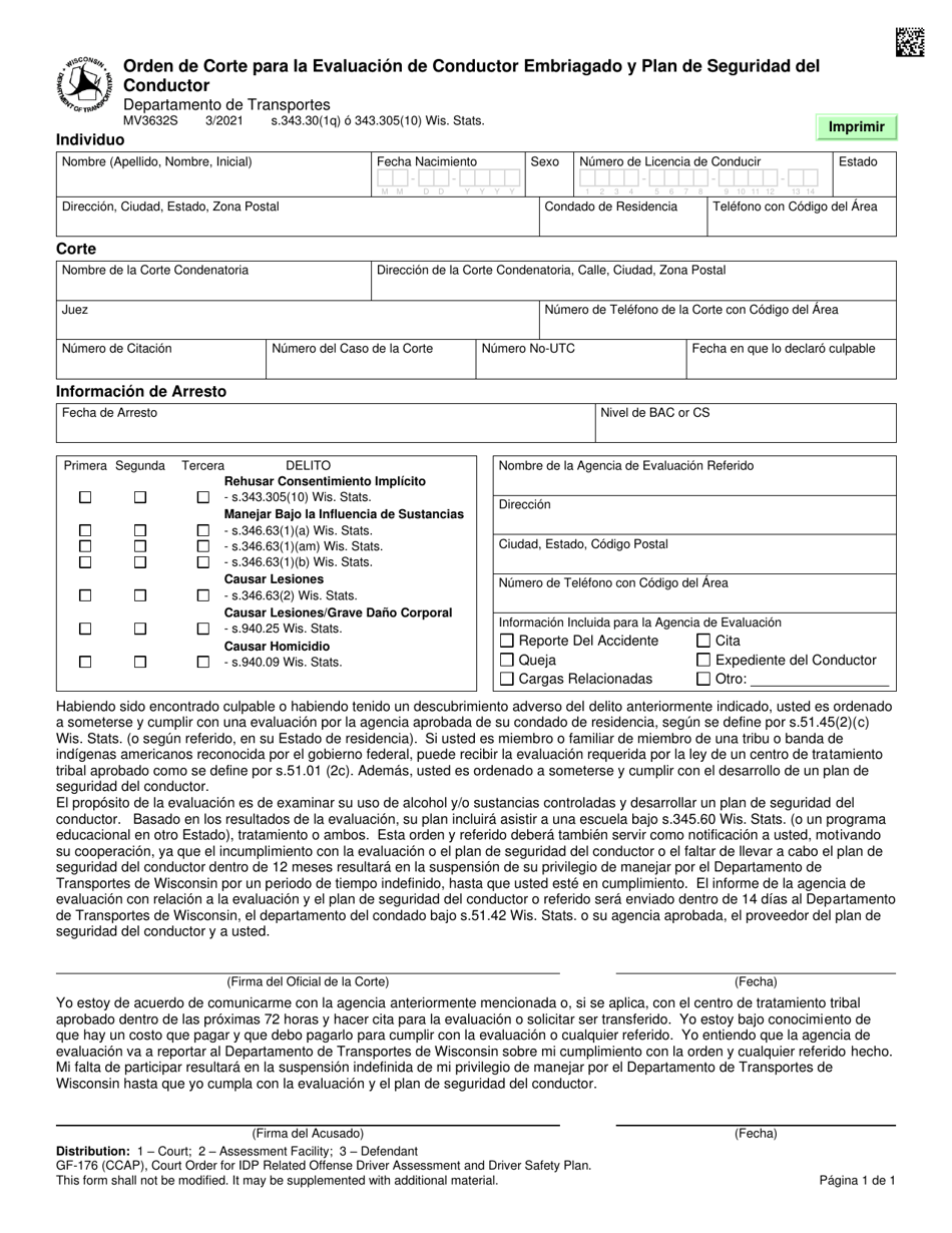 Formulario MV3632 Orden De Corte Para La Evaluacion De Conductor Embriagado Y Plan De Seguridad Del Conductor - Wisconsin (Spanish), Page 1