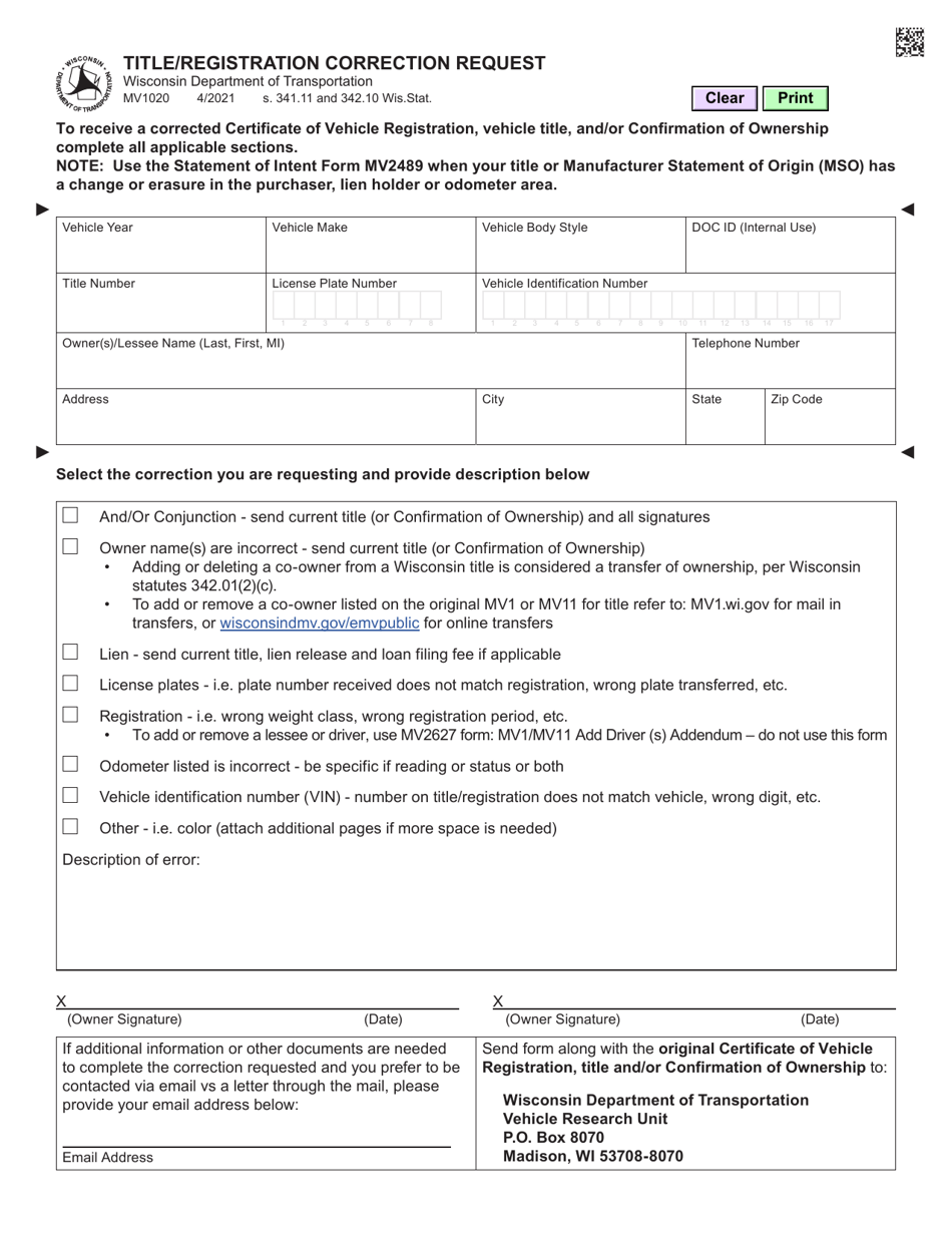 Form MV1020 Title / Registration Correction Request - Wisconsin, Page 1