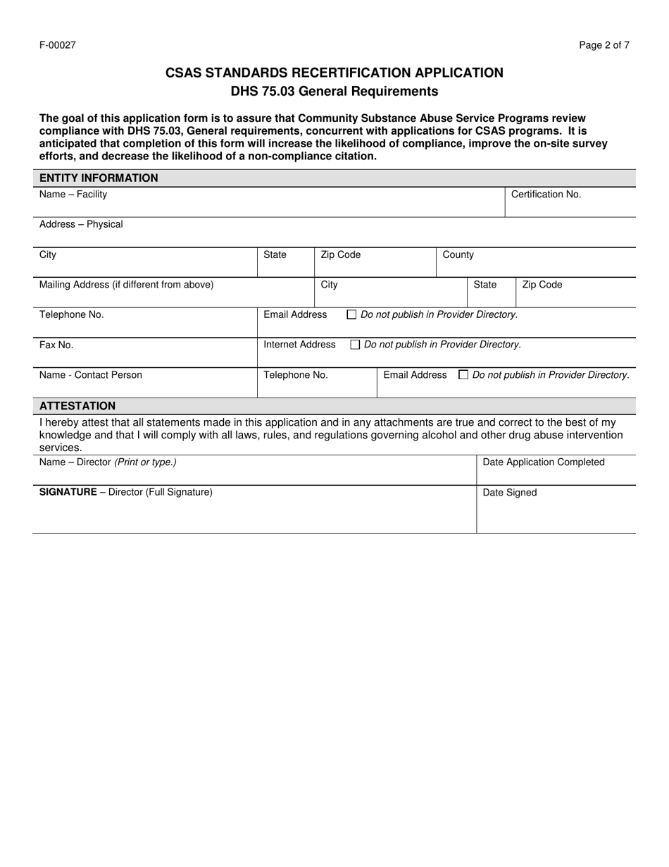 Form F-00027 Csas Standards Recertification Application - Wisconsin, Page 2