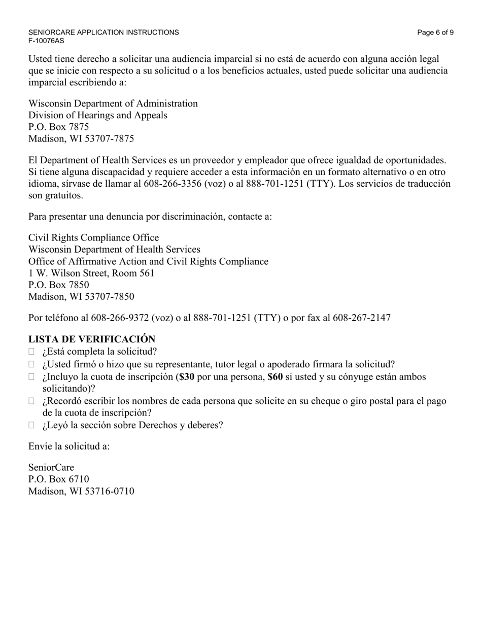 Formulario F-10076 Seniorcare Aplicacion - Wisconsin (Spanish), Page 6