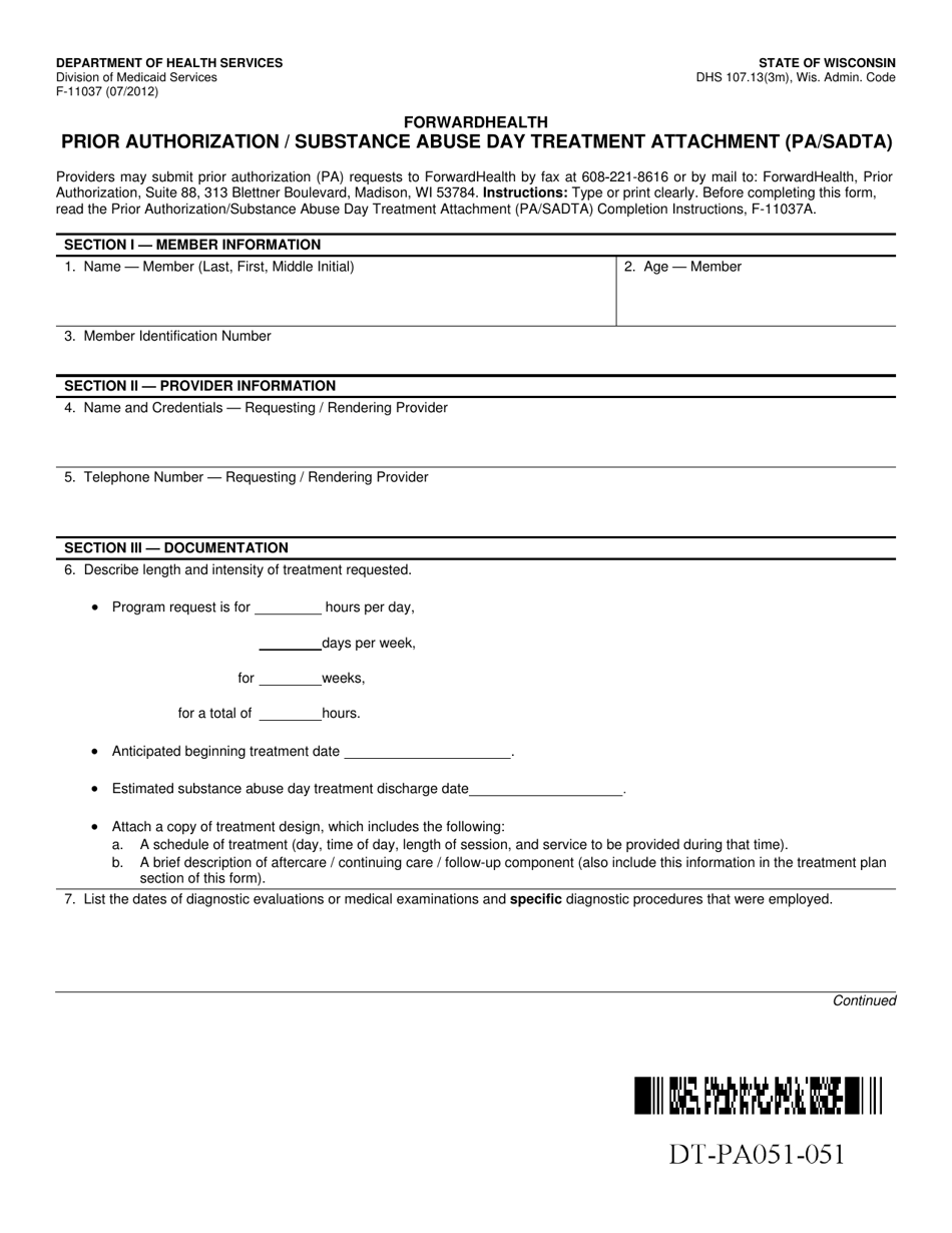 Form F-11037 Prior Authorization / Substance Abuse Day Treatment Attachment (Pa / Sadta) - Wisconsin, Page 1