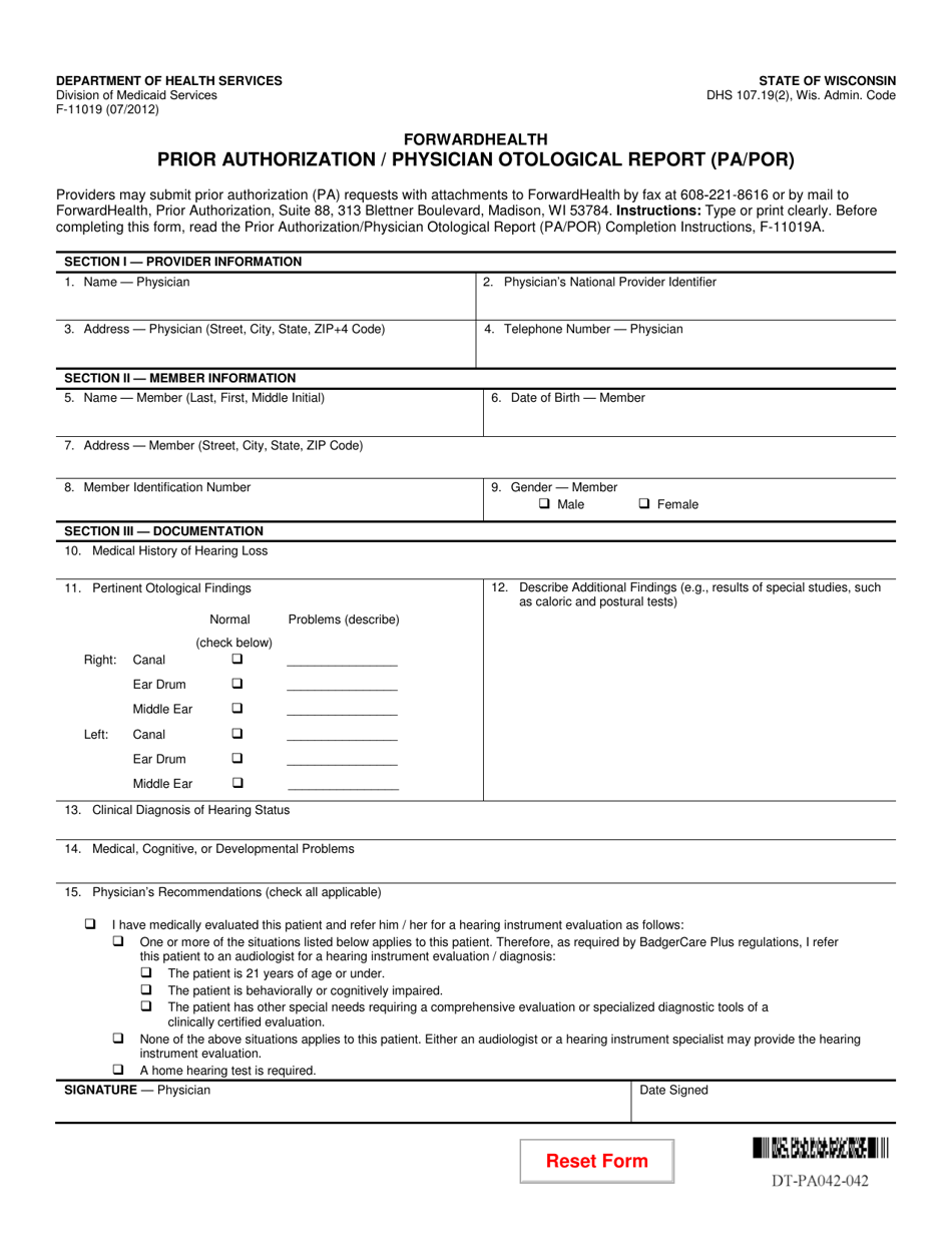Form F-11019 Prior Authorization / Physician Otological Report (Pa / Por) - Wisconsin, Page 1