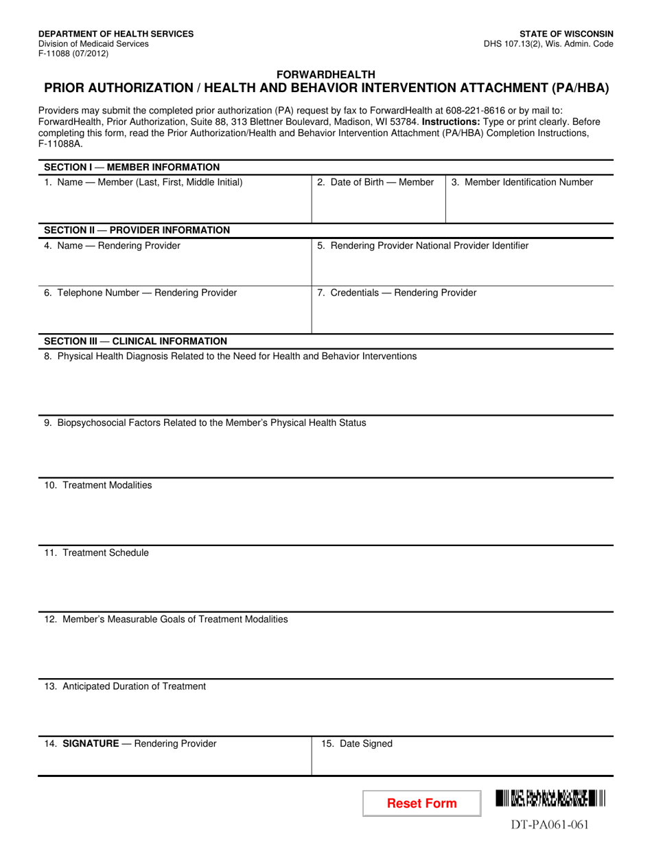 Form F-11088 Prior Authorization / Health and Behavior Intervention Attachment (Pa / Hba) - Wisconsin, Page 1