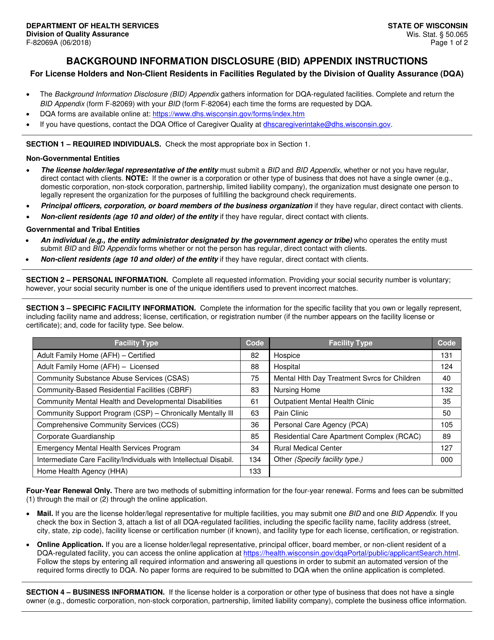 Instructions for Form F-82069 Background Information Disclosure (Bid) Appendix - Wisconsin