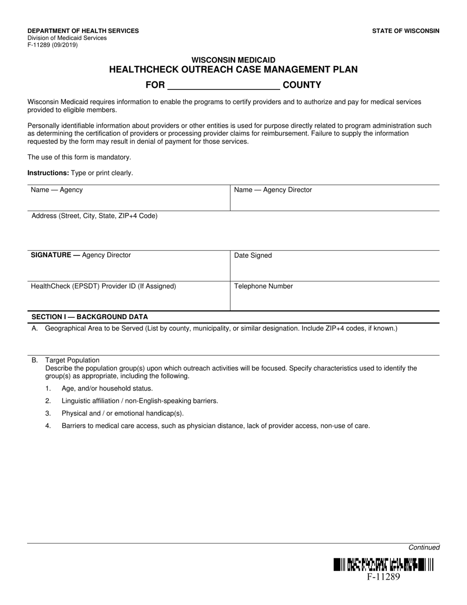 Form F-11289 Healthcheck Outreach Case Management Plan - Wisconsin, Page 1