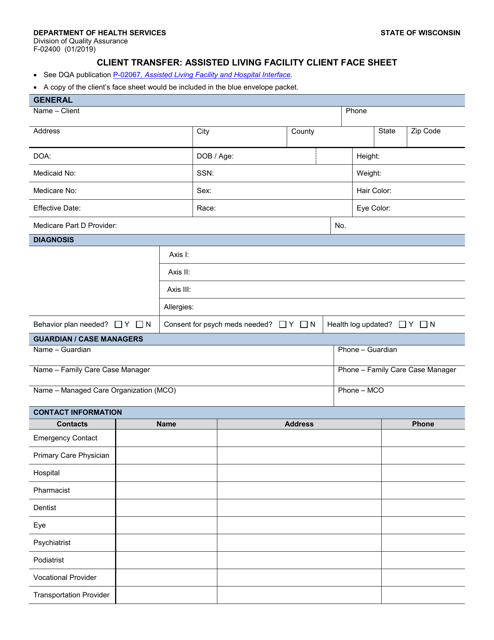 Form F-02400 Client Transfer: Assisted Living Facility Client Face Sheet - Wisconsin