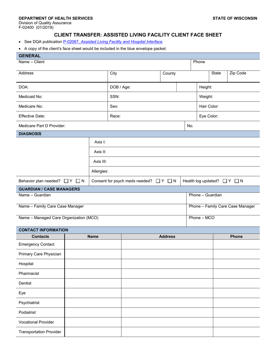 Form F-02400 Client Transfer: Assisted Living Facility Client Face Sheet - Wisconsin, Page 1