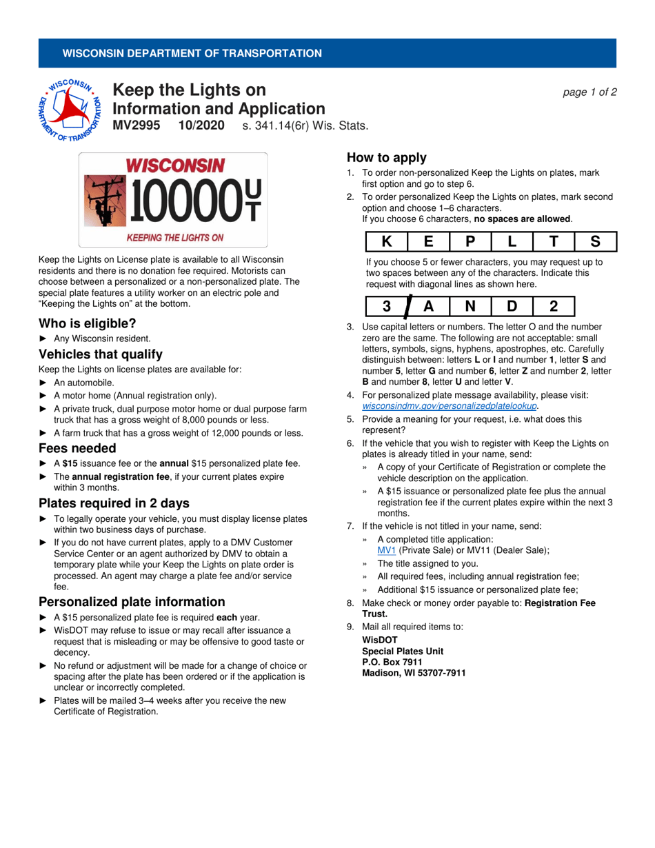 Form MV2995 Keep the Lights on License Plate Application - Wisconsin, Page 1