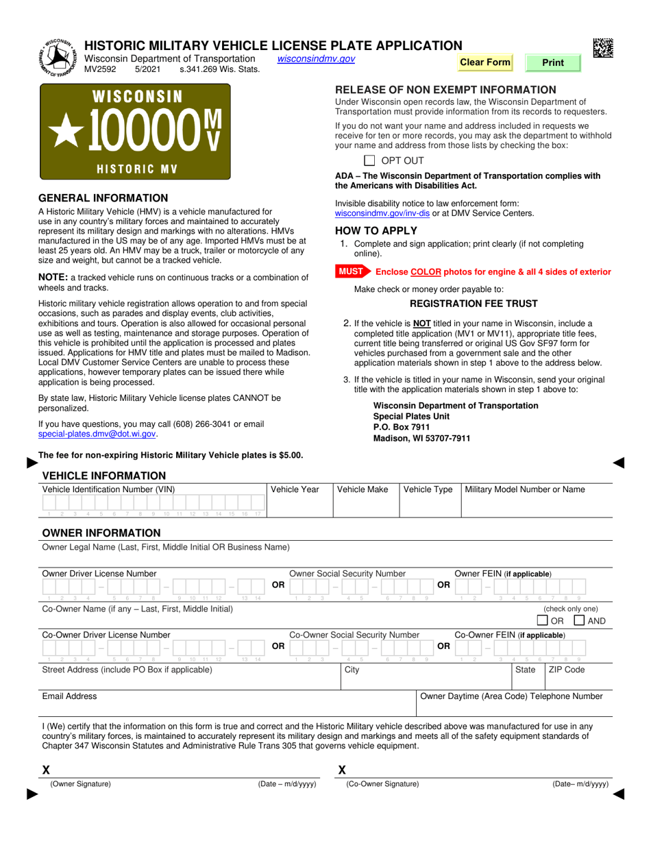 Form MV2592 Historic Military Vehicle License Plate Application - Wisconsin, Page 1