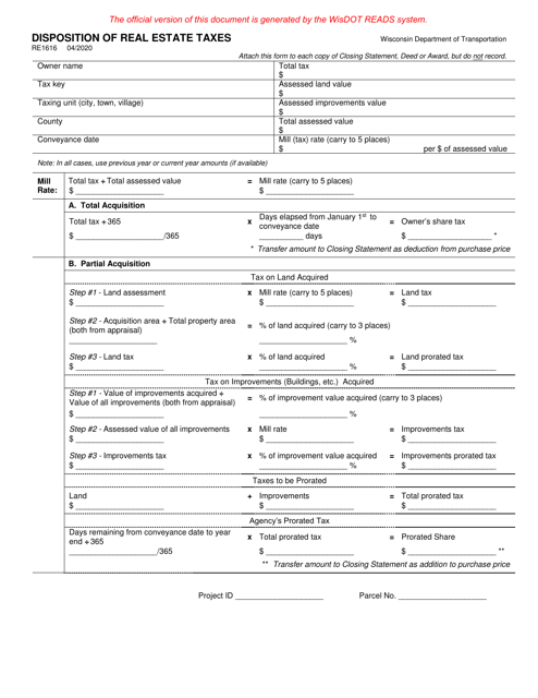 Form RE1616 Disposition of Real Estate Taxes - Wisconsin