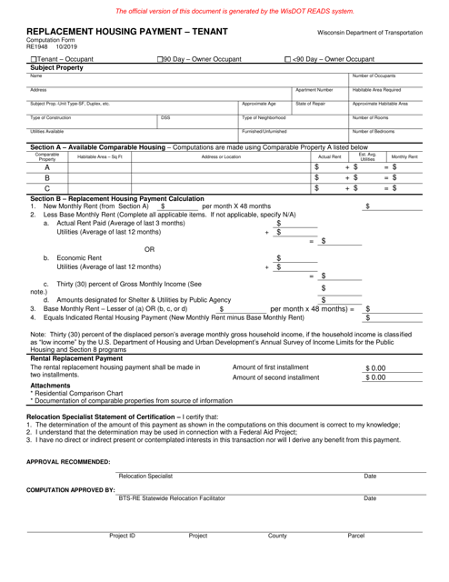Form RE1948 Replacement Housing Payment - Tenant - Wisconsin