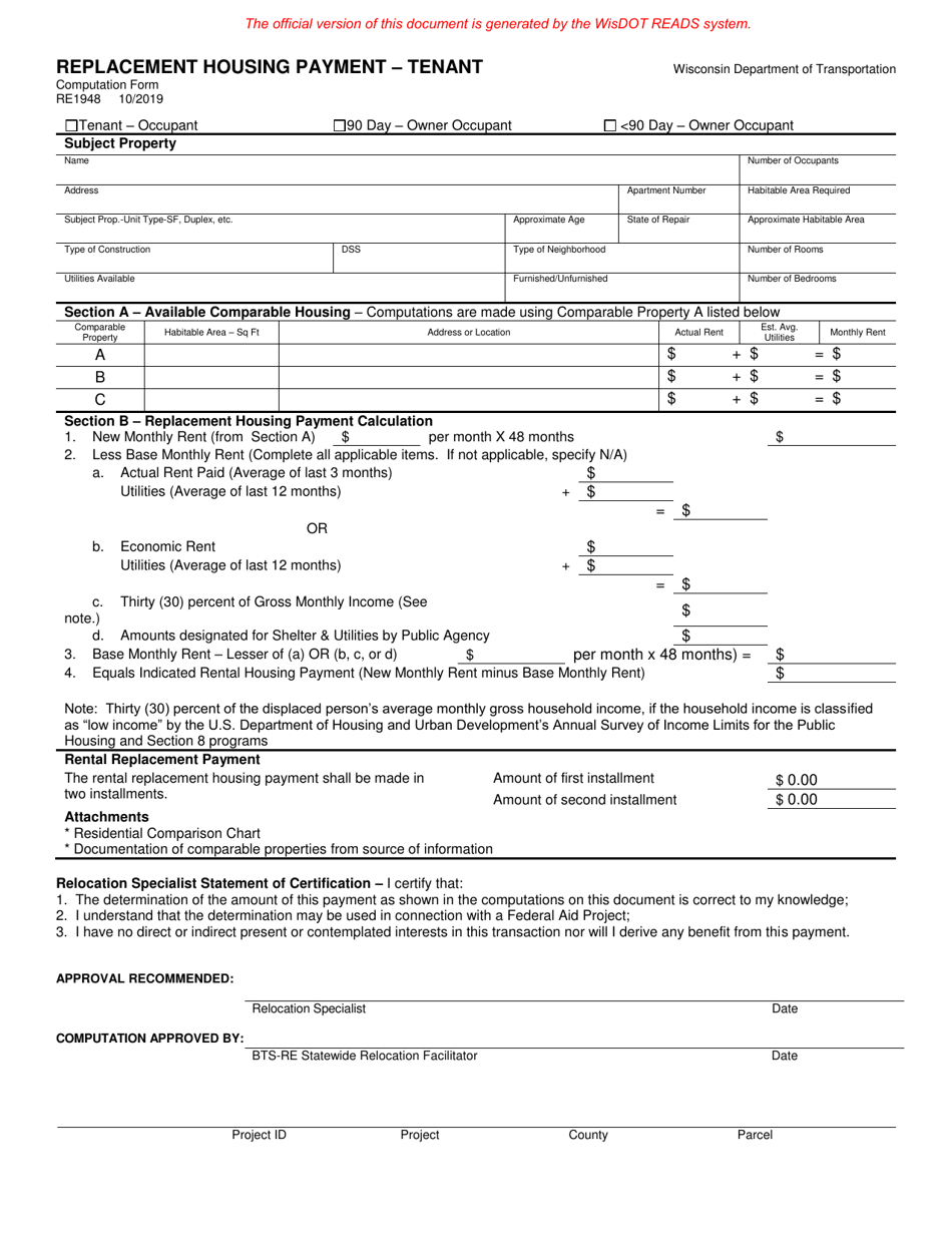Form RE1948 Replacement Housing Payment - Tenant - Wisconsin, Page 1