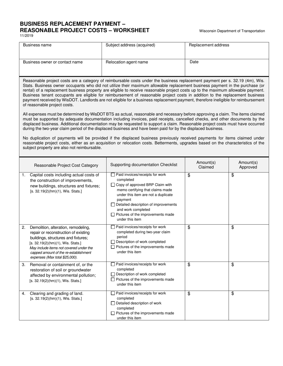 Business Replacement Payment - Reasonable Project Costs - Worksheet - Wisconsin, Page 1