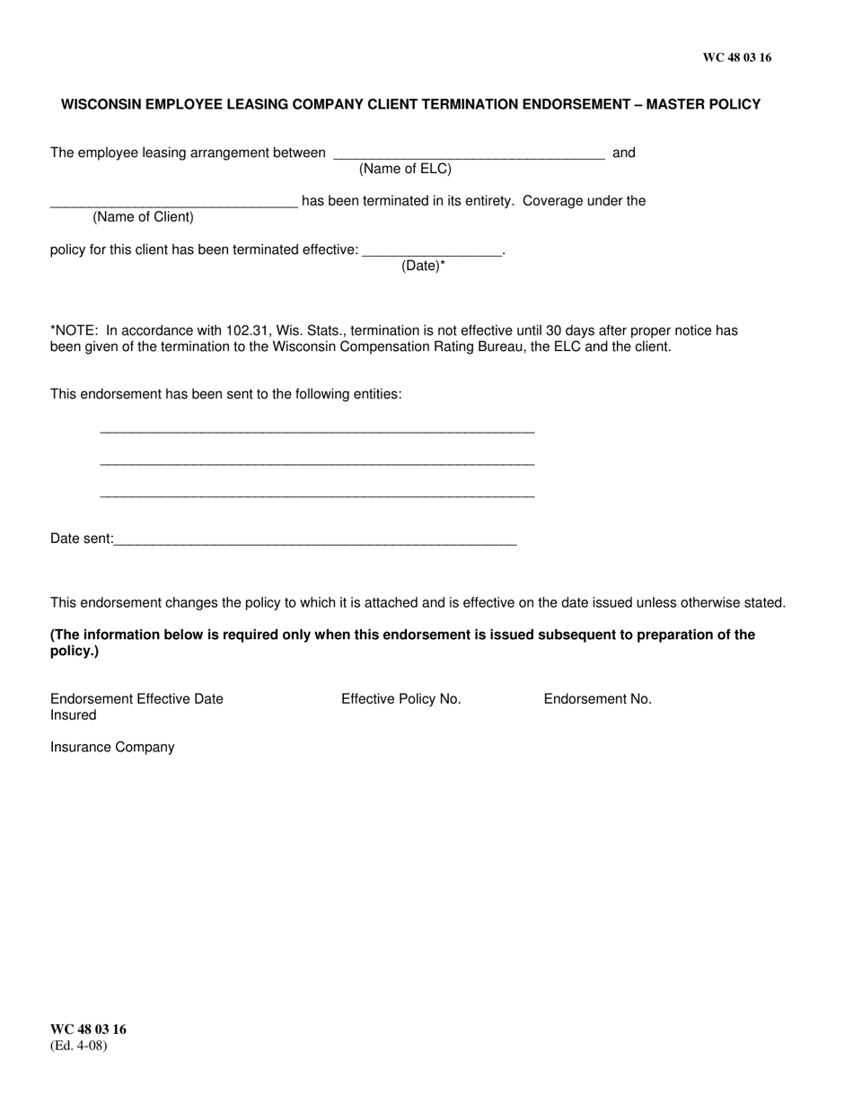 Form WC48 03 16 Wisconsin Employee Leasing Company Client Termination Endorsement - Master Policy - Wisconsin, Page 1