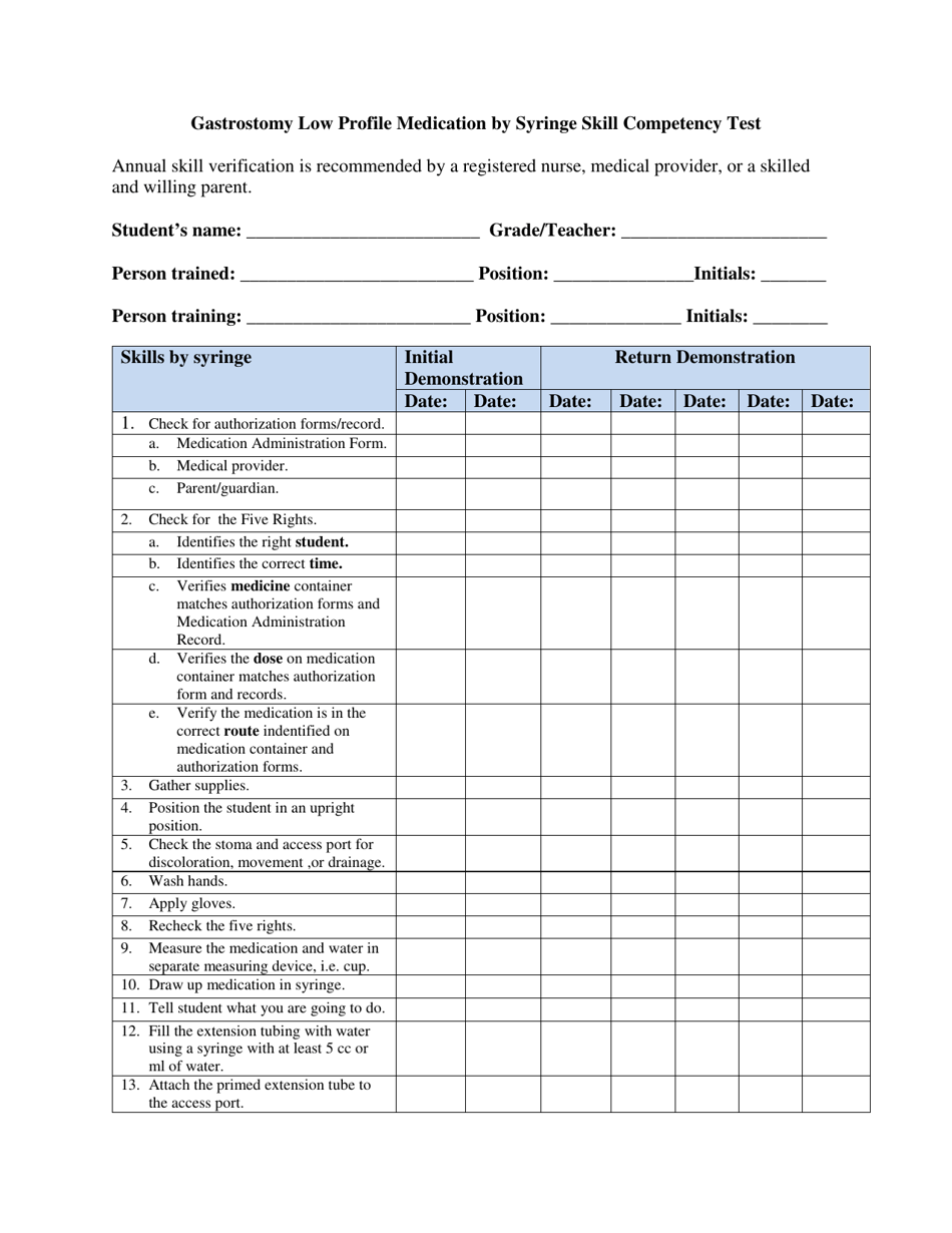 Gastrostomy Low Profile Medication by Syringe Skill Competency Test - Wisconsin, Page 1