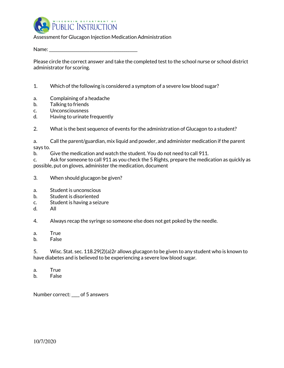Assessment for Glucagon Injection Medication Administration - Wisconsin, Page 1