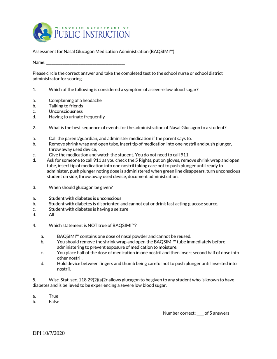 Assessment for Nasal Glucagon Medication Administration (Baqsimi) - Wisconsin, Page 1