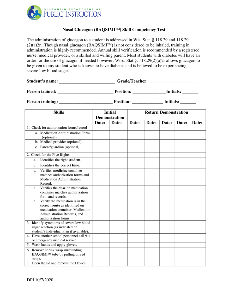 Nasal Glucagon (Baqsimi) Skill Competency Test - Wisconsin, Page 1