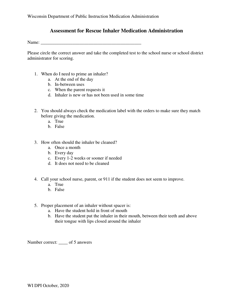 Assessment for Rescue Inhaler Medication Administration - Wisconsin, Page 1