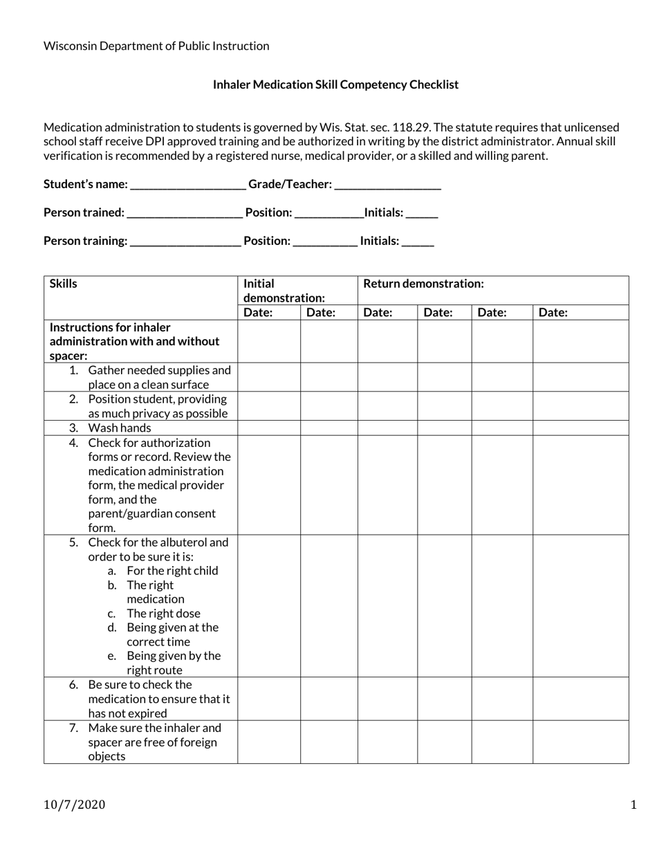 Inhaler Medication Skill Competency Checklist - Wisconsin, Page 1