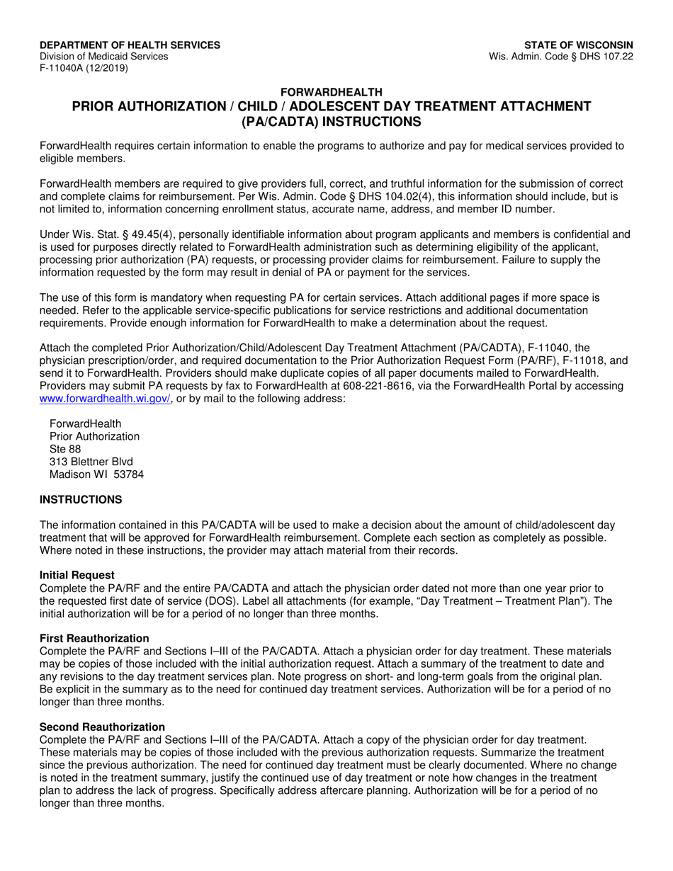 Instructions for Form F-11040 Prior Authorization / Child / Adolescent Day Treatment Attachment (Pa / Cadta) - Wisconsin, Page 1