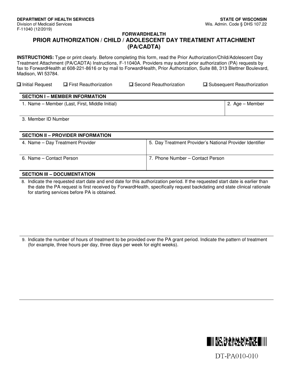 Form F-11040 Prior Authorization / Child / Adolescent Day Treatment Attachment (Pa / Cadta) - Wisconsin, Page 1