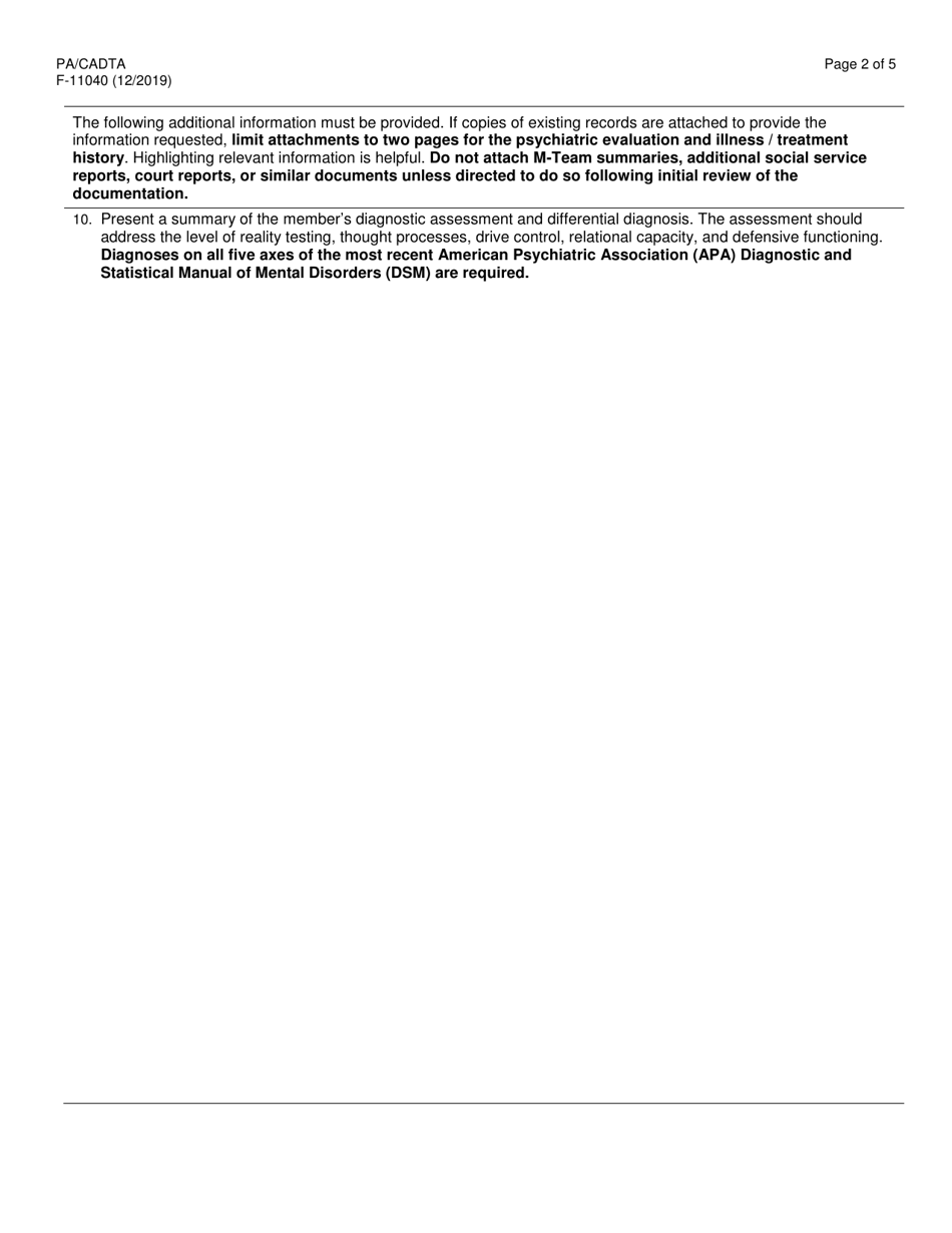 Form F-11040 Prior Authorization / Child / Adolescent Day Treatment Attachment (Pa / Cadta) - Wisconsin, Page 2
