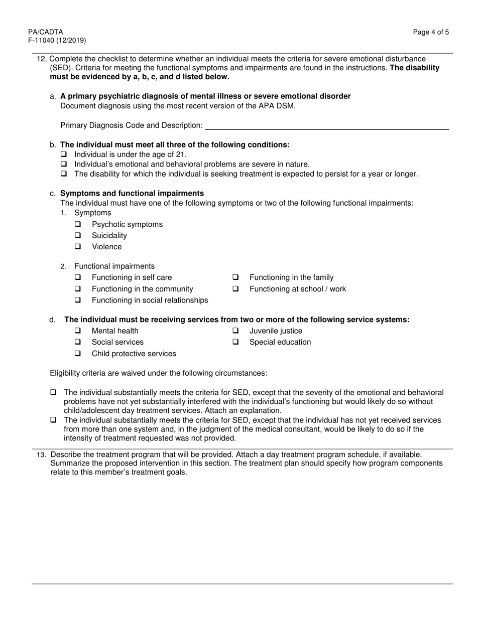 Form F-11040 Prior Authorization / Child / Adolescent Day Treatment Attachment (Pa / Cadta) - Wisconsin, Page 4