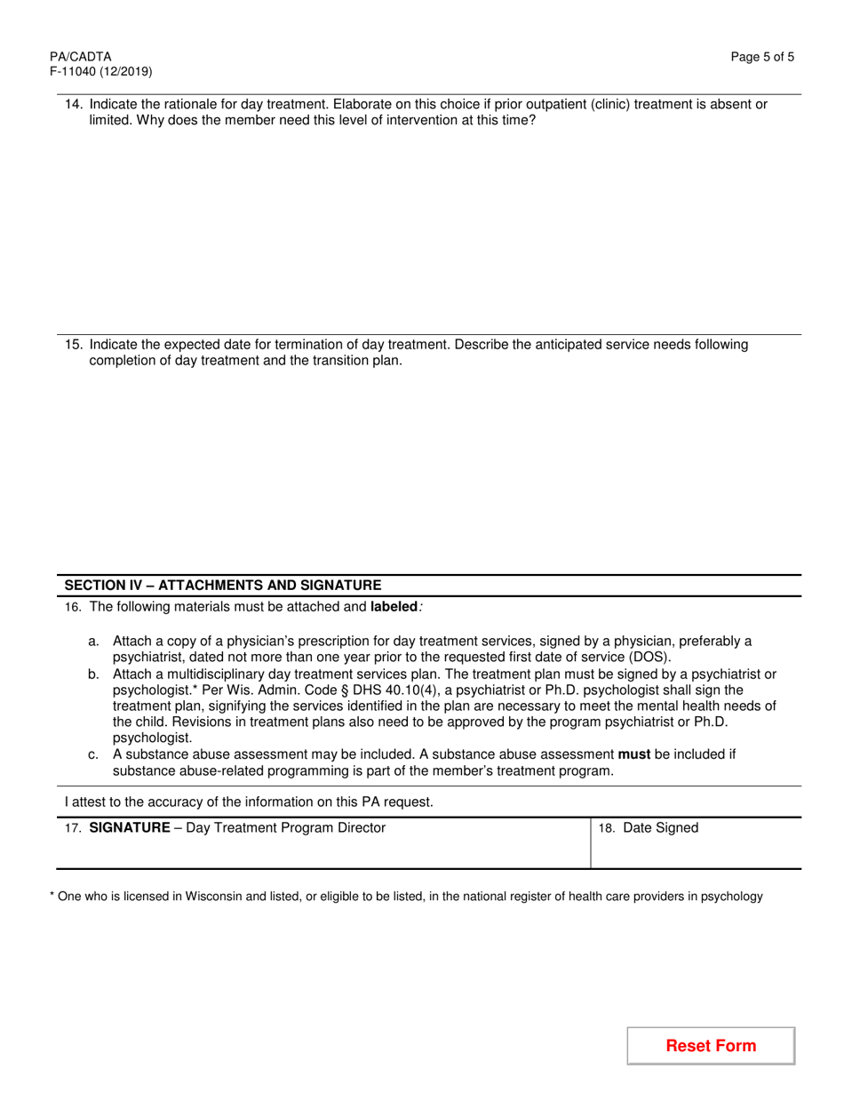 Form F-11040 Prior Authorization / Child / Adolescent Day Treatment Attachment (Pa / Cadta) - Wisconsin, Page 5