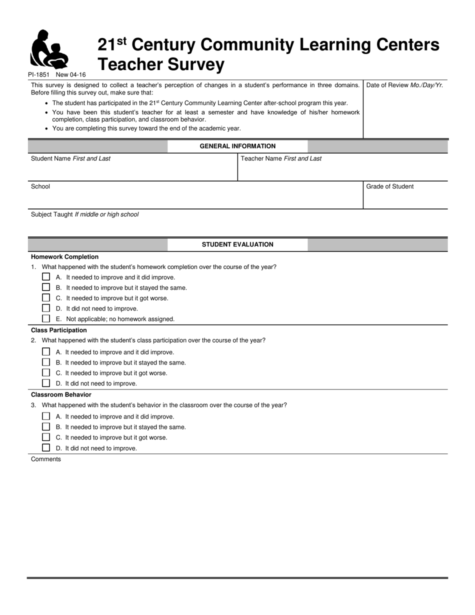 Form PI-1851 21st Century Community Learning Centers Teacher Survey - Wisconsin, Page 1