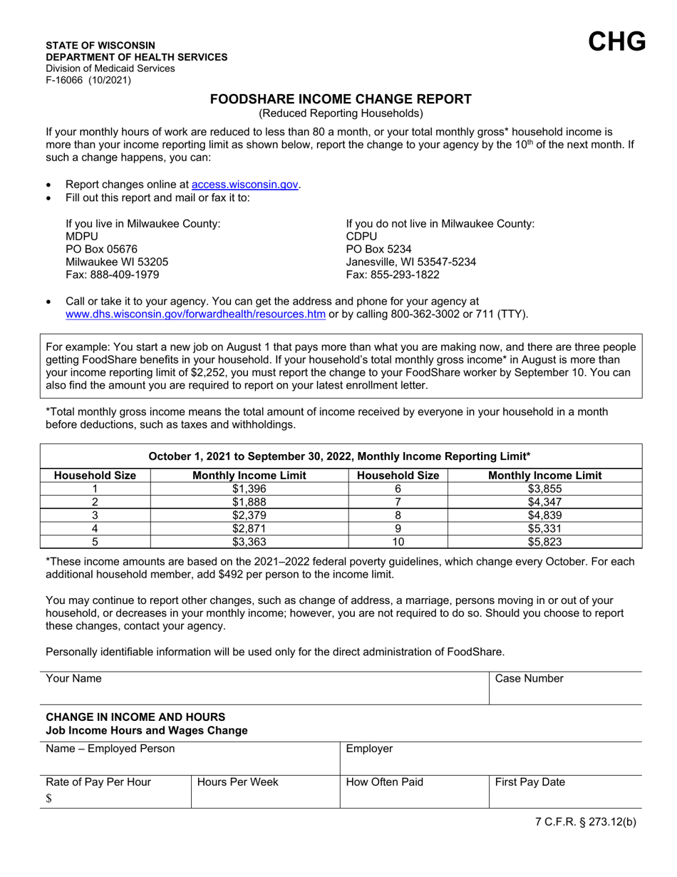 Form F-16066 Foodshare Income Change Report - Wisconsin, Page 1