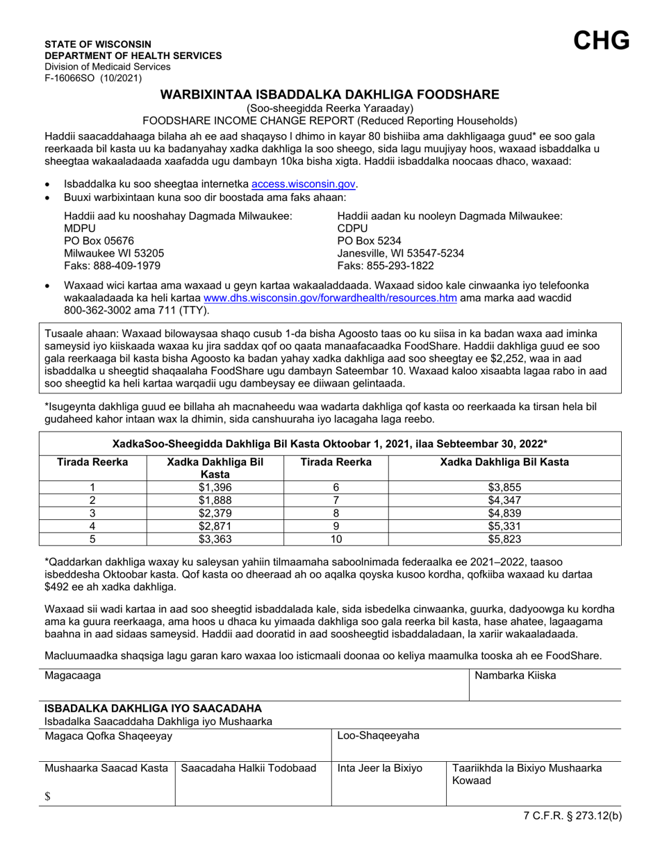 Form F-16066 Foodshare Income Change Report - Wisconsin (Somali), Page 1