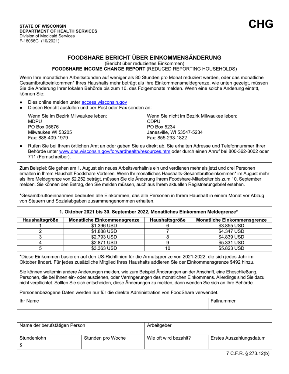 Form F-16066 Foodshare Income Change Report - Wisconsin (German), Page 1