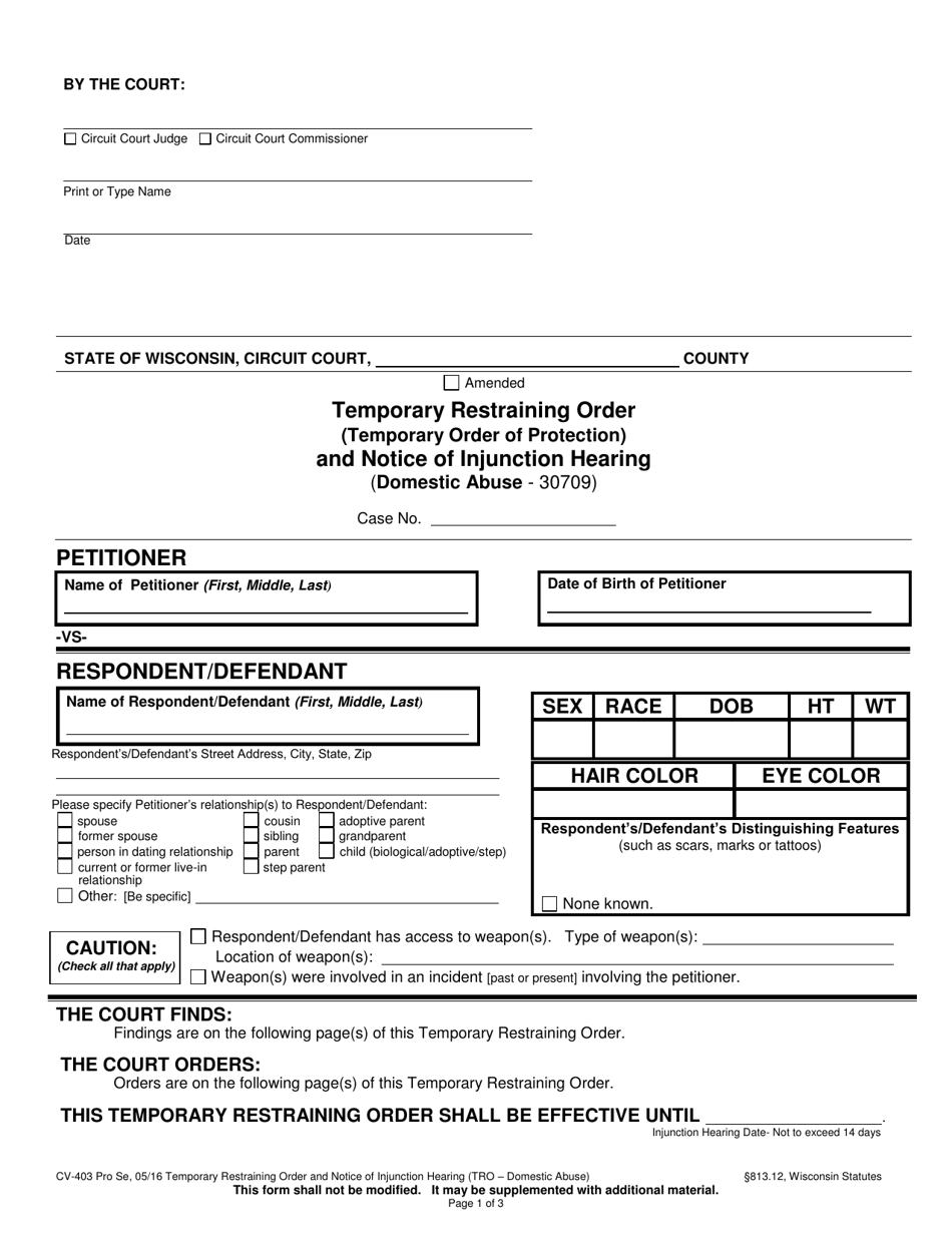 Form CV-403 Download Printable PDF Or Fill Online Temporary Restraining ...