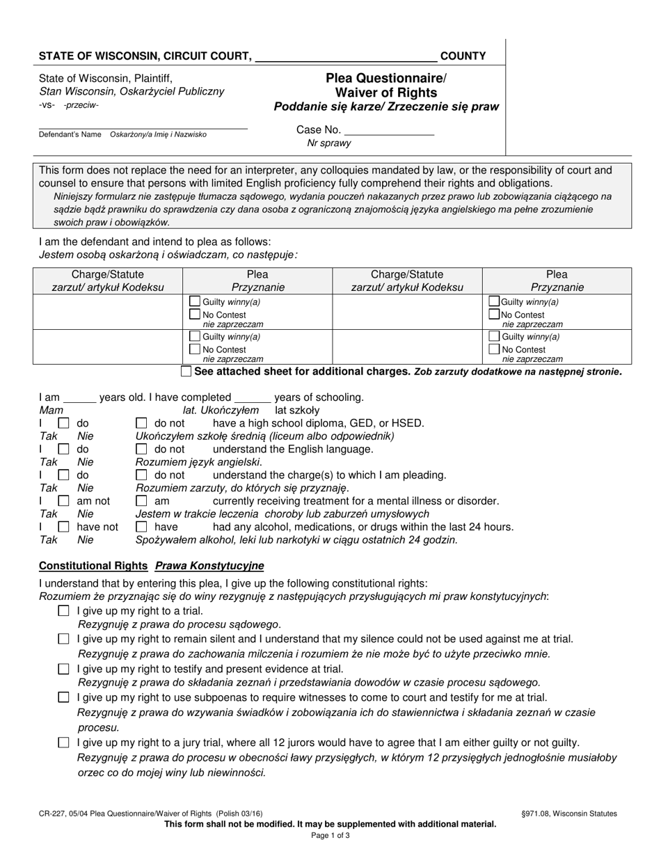 Form CR-227 Plea Questionnaire / Waiver of Rights - Wisconsin (English / Polish), Page 1