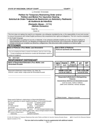 Form CV-402 Petition for Temporary Restraining Order and/or Petition and Motion for Injunction Hearing - Wisconsin (English/Spanish)