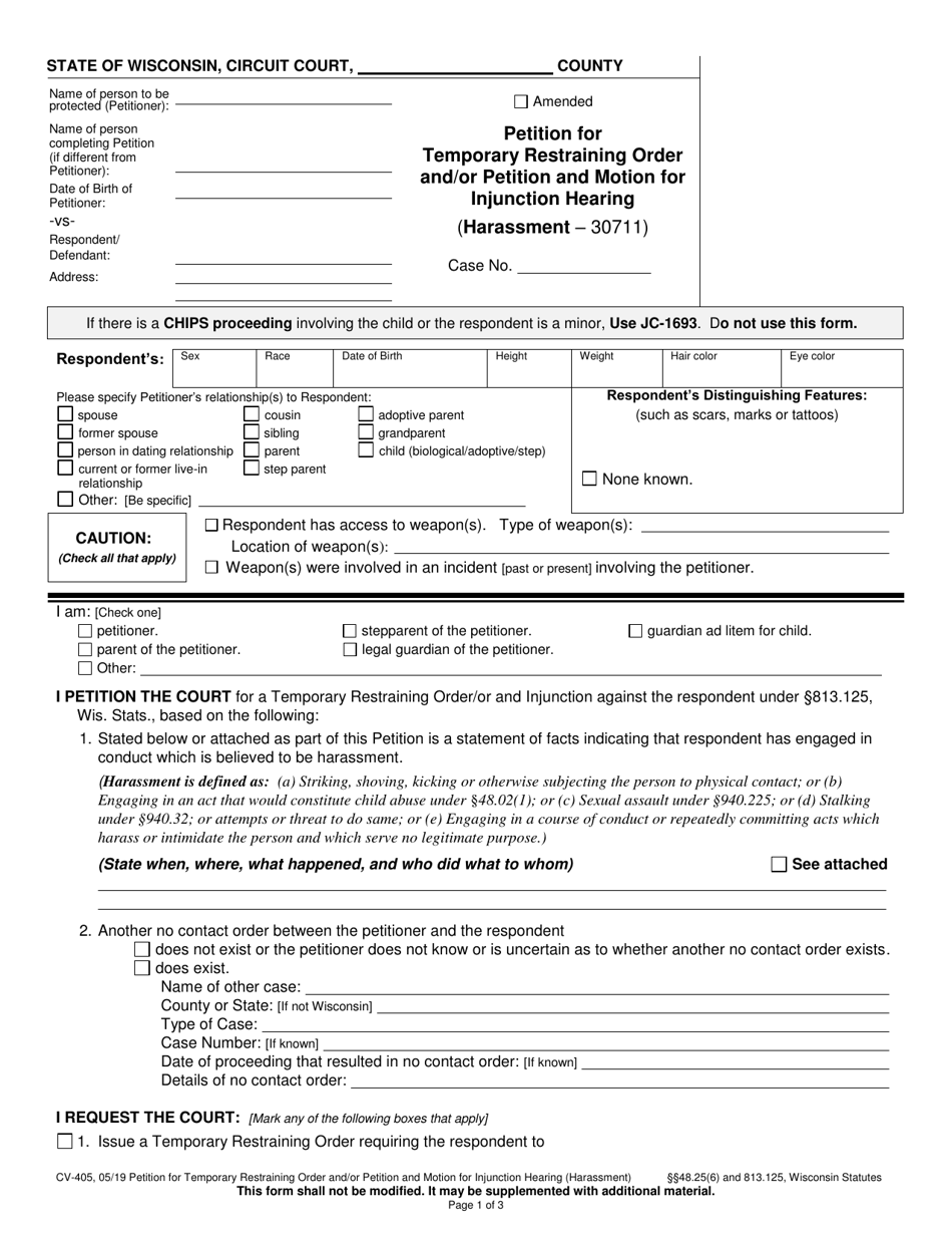 Form CV-405 Petition for Temporary Restraining Order and / or Petition and Motion for Injunction Hearing - Wisconsin, Page 1
