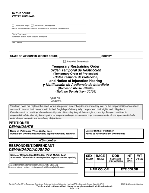 Form CV-403 Temporary Restraining Order and Notice of Injunction Hearing (Domestic Abuse) - Wisconsin (English/Spanish)