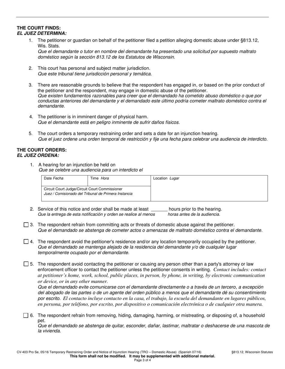 Form CV-403 Temporary Restraining Order and Notice of Injunction Hearing (Domestic Abuse) - Wisconsin (English / Spanish), Page 3