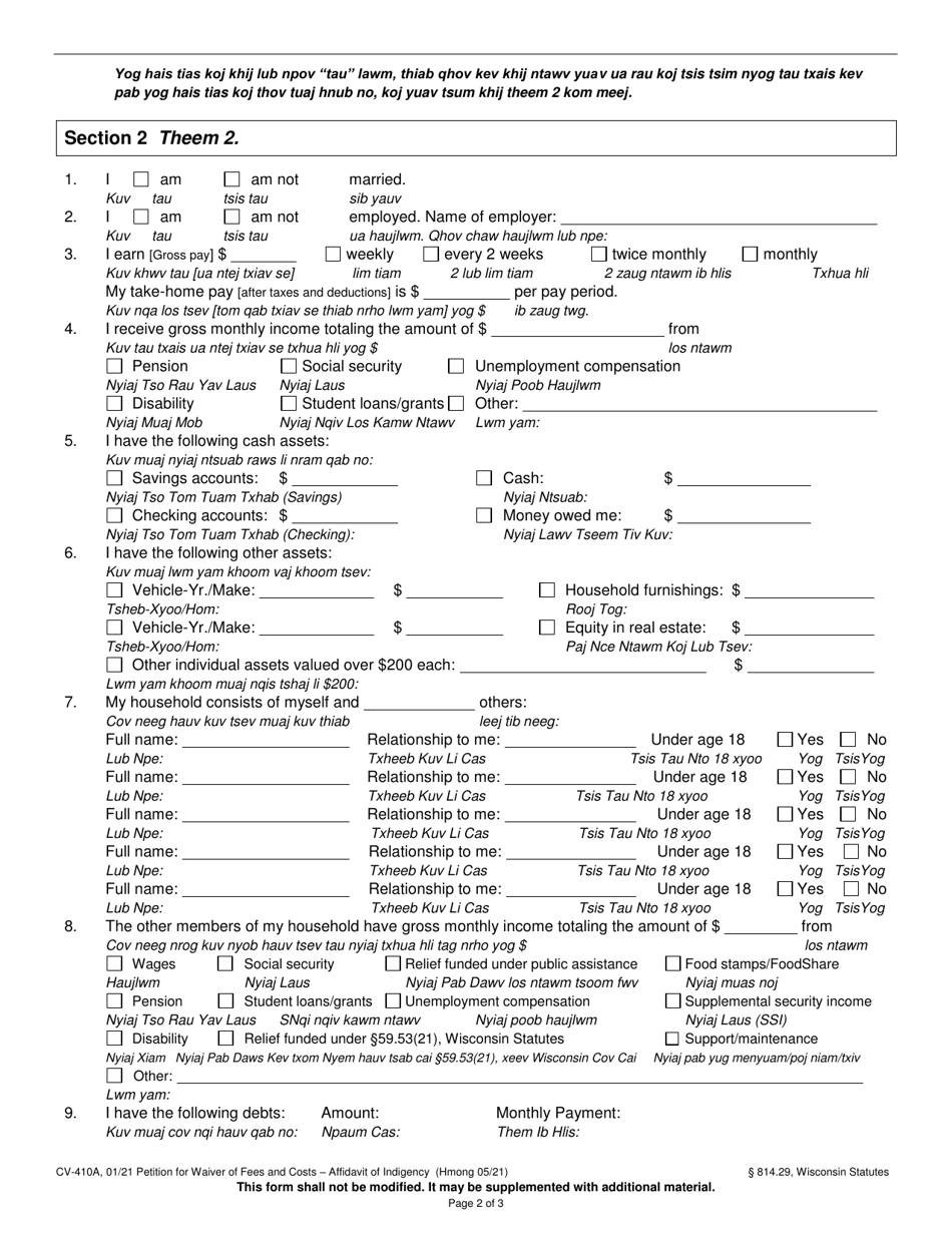 Form CV-410A Petition for Waiver of Fees and Costs - Affidavit of Indigency - Wisconsin (English / Hmong), Page 2