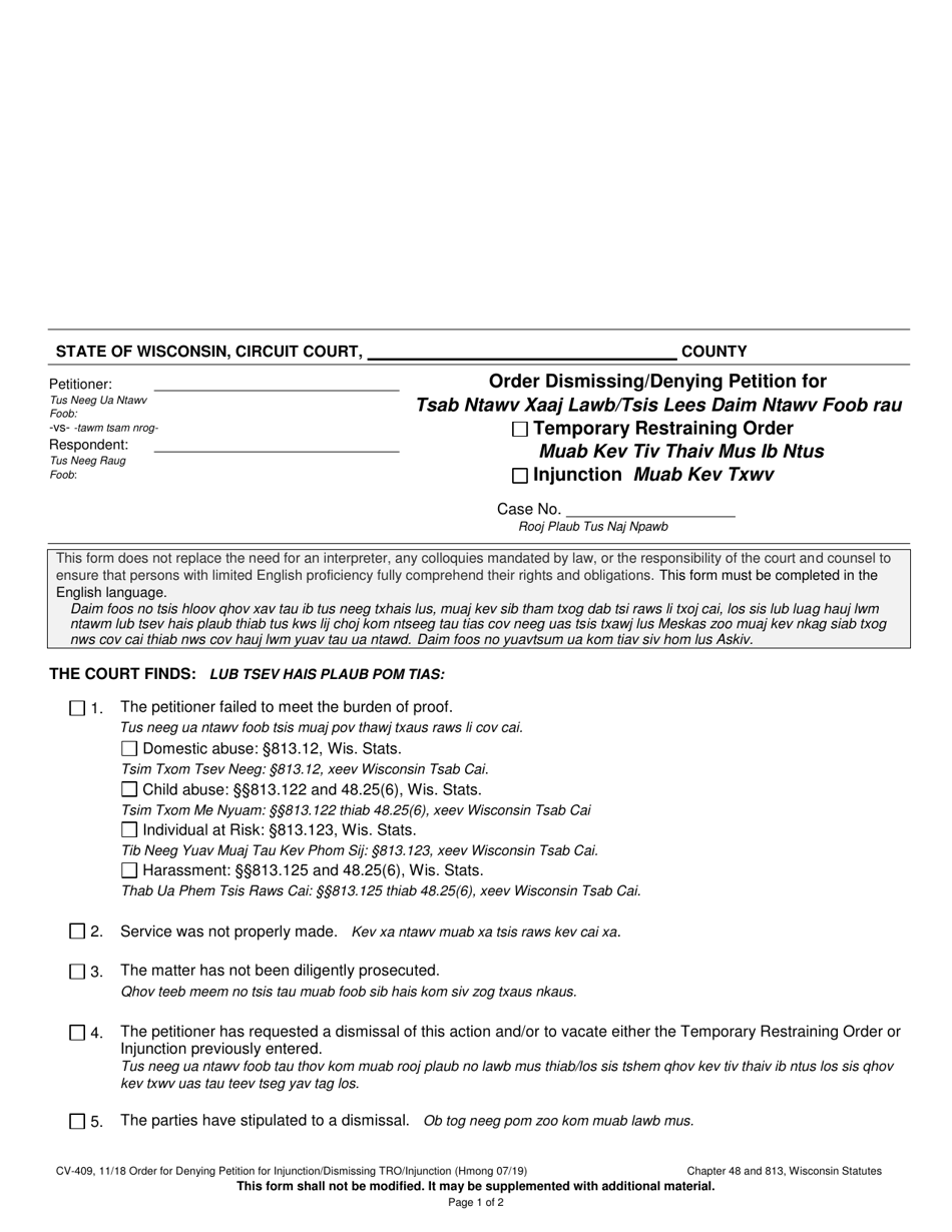Form CV-409 Order Dismissing / Denying Petition for Temporary Restraining Order / Injunction - Wisconsin (English / Hmong), Page 1