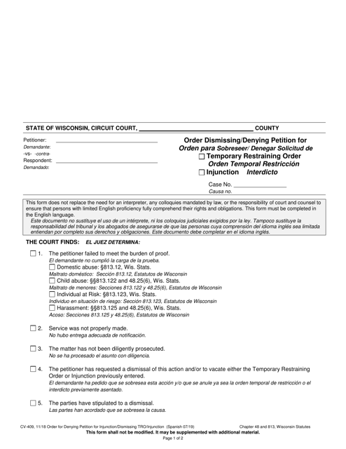 Form CV-409 Order Dismissing/Denying Petition for Temporary Restraining Order/Injunction - Wisconsin (English/Spanish)