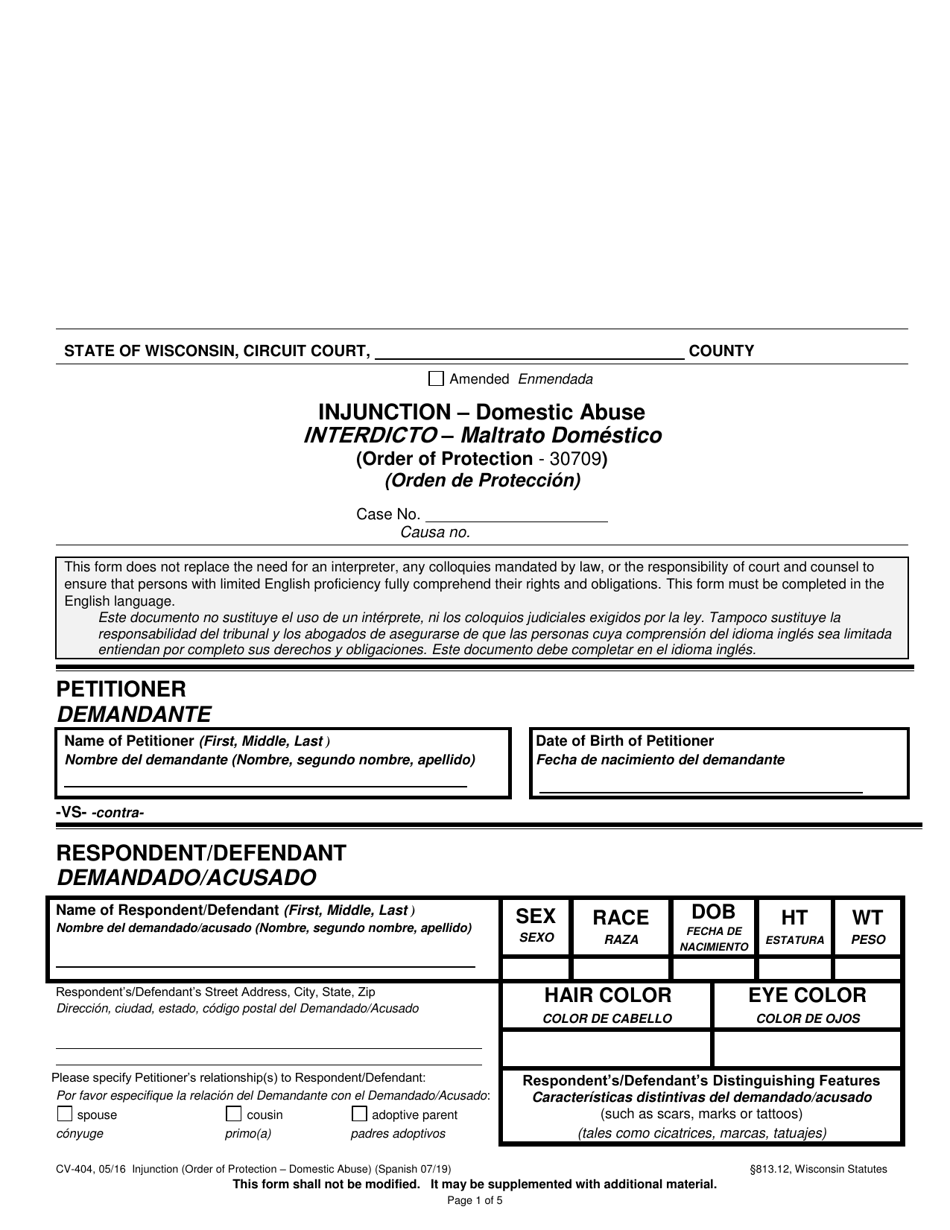 Form CV-404 Injunction - Domestic Abuse - Wisconsin (English / Spanish), Page 1