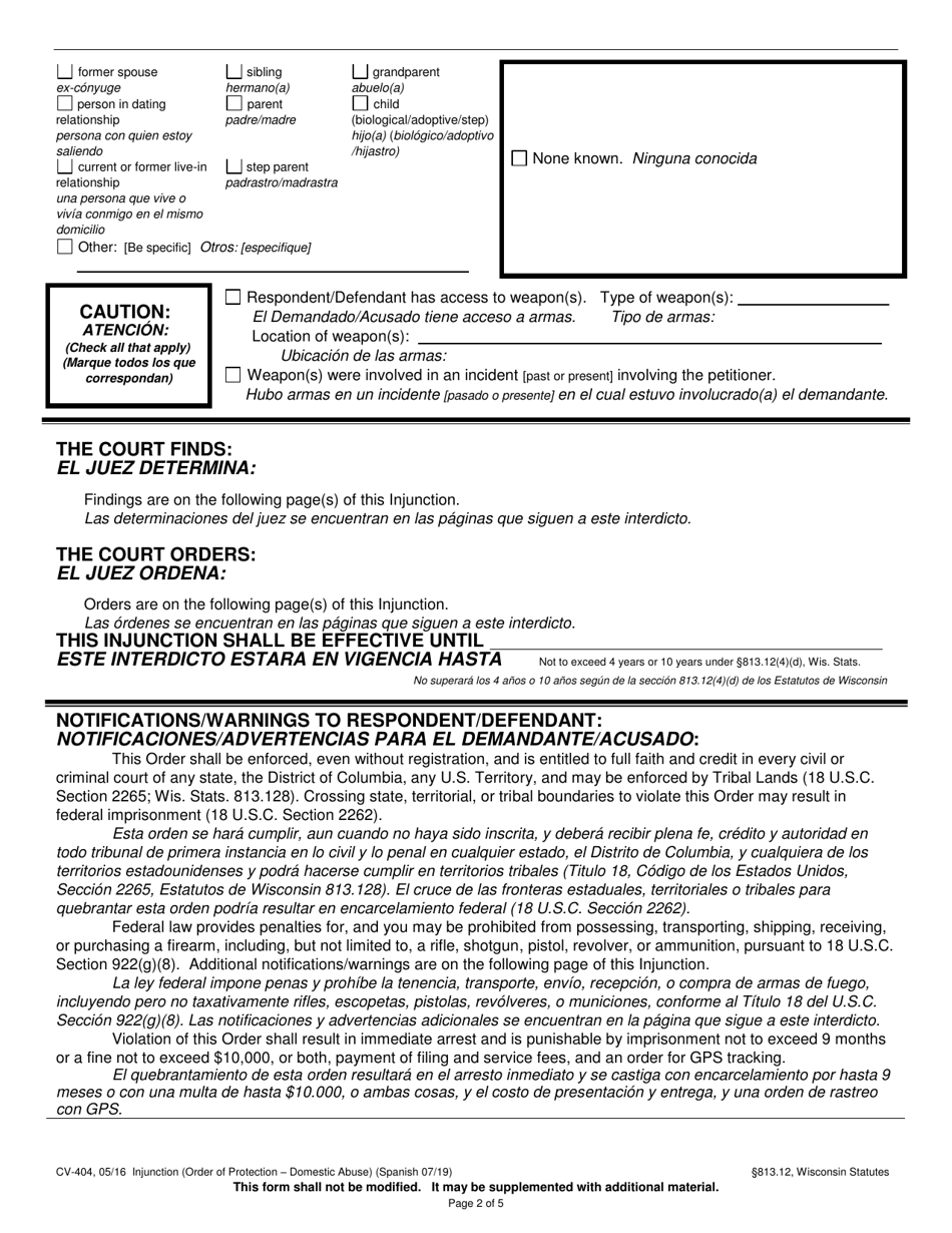 Form CV-404 Injunction - Domestic Abuse - Wisconsin (English / Spanish), Page 2