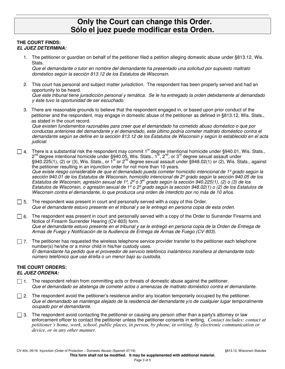 Form CV-404 Injunction - Domestic Abuse - Wisconsin (English / Spanish), Page 3