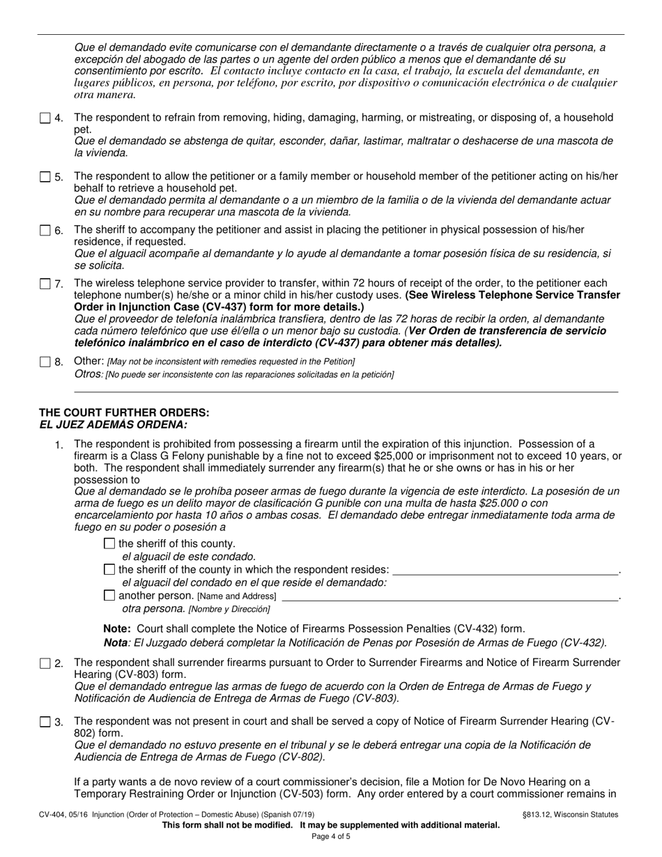 Form CV-404 Injunction - Domestic Abuse - Wisconsin (English / Spanish), Page 4